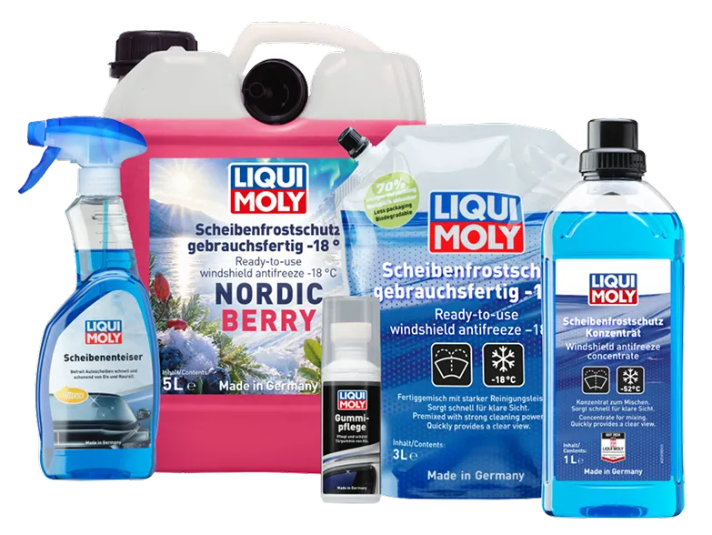 Liqui Moly Winter-Pflegeset mit Scheibenenteiser, Frostschutz und Gummipflege vor eisigem Hintergrund.
