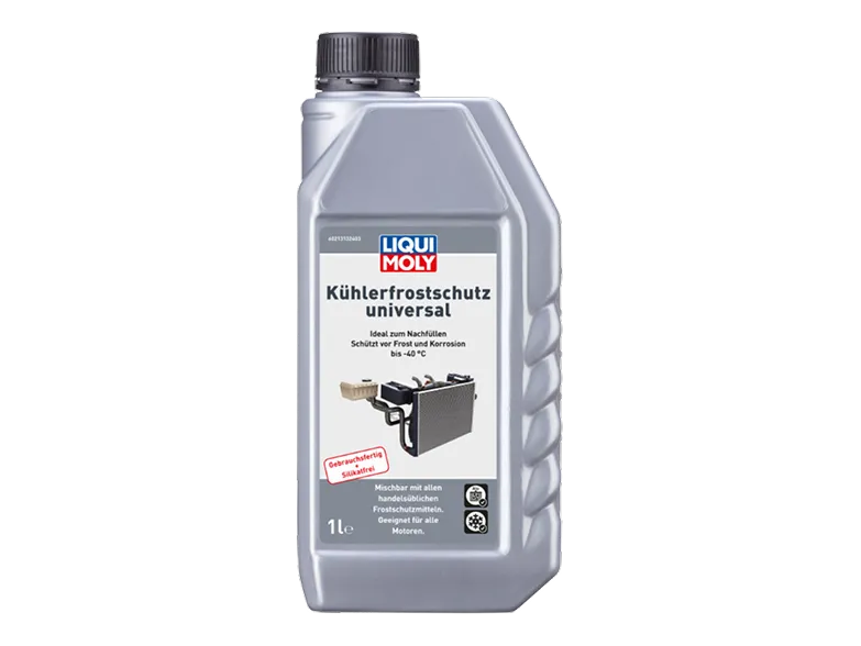 Liqui Moly Kühlerfrostschutz, Kühlerreiniger und Kühlerdichter vor einem blauen Hintergrund aus Eis.